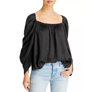 Kobi Halperin Black Satin Square Neck Size M Puff Sleeve Tie Pleated Dina Blouse